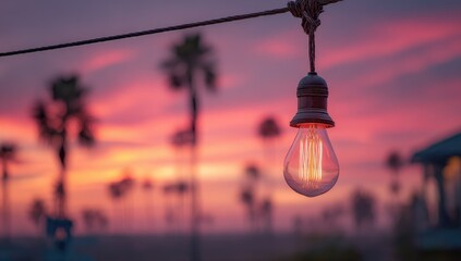 Warm light bulb hangs against a vibrant sunset over palm trees