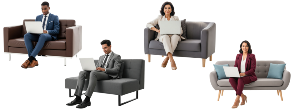 A diverse group of businesspeople working on laptops on a sofa.