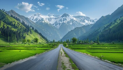 Naklejka premium A scenic road cuts through a lush green valley, leading towards a majestic snow-capped mountain range under a bright, sunny sky