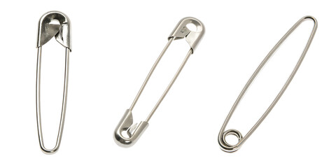 Three Silver Safety Pins on Background metal fastener isolated on a transparent background