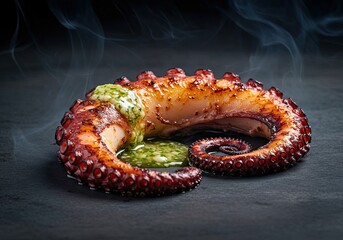 Grilled Octopus with Garlic Butter on Studio Soft Coral Background 