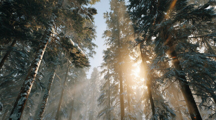 winter forest landscape in the snow, sunbeams through snow-covered trees, fir and pine trees, misty forest fog