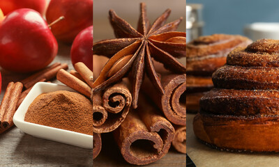 Cinnamon sticks and powder, collage with aromatic spice