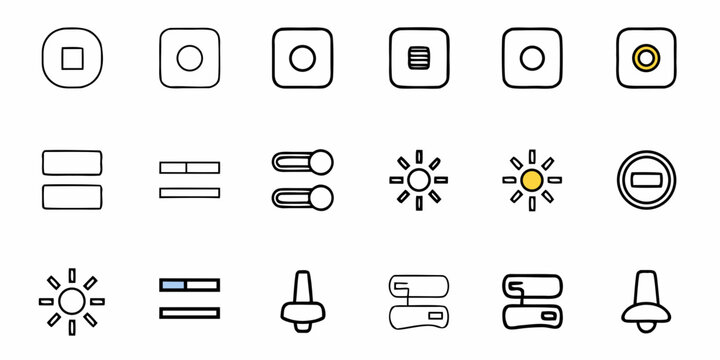 Modern UI kit icons for apps and website design, customizable control elements, intuitive user interface with settings and brightness adjustments