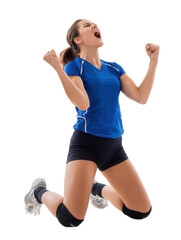 Volleyball player in blue uniform kneeling isolated on transparent background
