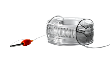 A coiled length of translucent white wire with a red connector, neatly spooled in a clear plastic reel