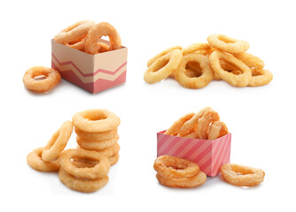Greasy food texture. Collage with onion rings isolated on white