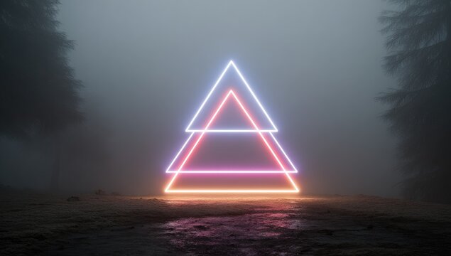 Neon triangle tree silhouette in misty forest