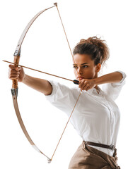Woman aiming a bow and arrow isolated on transparent background