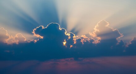 Sunset Sky with Bright Rays of Sunlight Peeking Through Dark Cloud Cover
