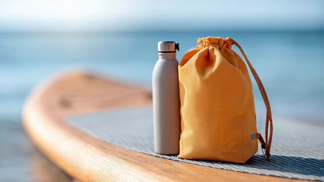 Bright orange drawstring bag and reusable water bottle resting on wooden paddleboard, highlighting sustainable outdoor recreation near blue ocean waters during sunny morning