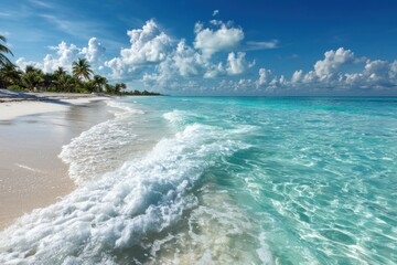 Turquoise ocean waves washing ashore on a tropical white sand beach