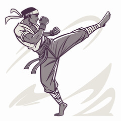 A dynamic illustration of a martial artist performing a powerful kick