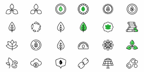 Eco-Friendly Business Icons for Sustainable Initiatives and Green Technology Branding, Showcasing Commitment to Environmental Responsibility and Innovation