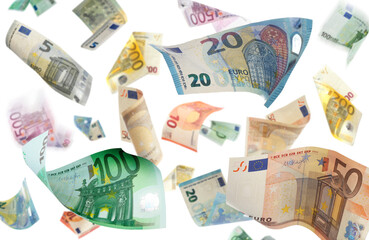 Money (euro bills) flying against white background