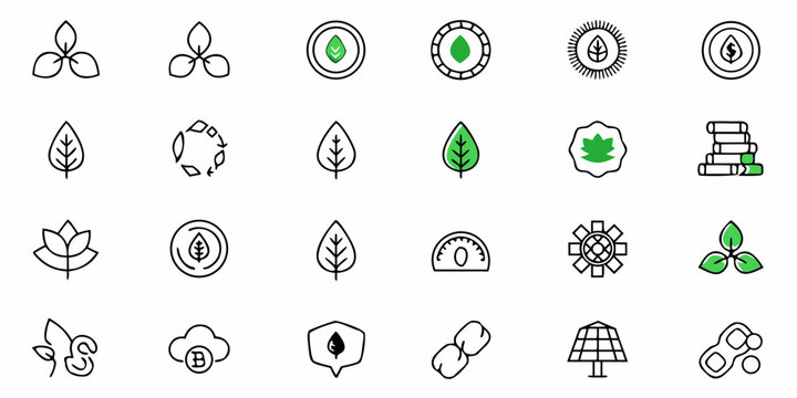 Eco-Friendly Business Icons for Sustainable Initiatives and Green Technology Branding, Showcasing Commitment to Environmental Responsibility and Innovation