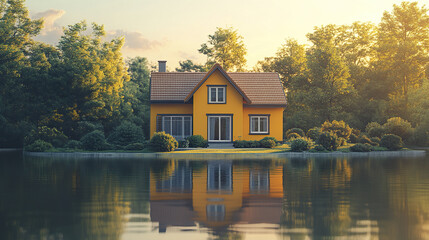 Obraz premium Cozy yellow house with brown roof reflecting on calm lake water surrounded by lush green trees and bushes under warm sunlight in peaceful natural setting