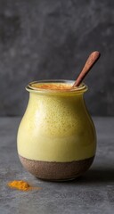 A layered beverage in a glass jar, featuring a vibrant yellow top layer and a contrasting dark brown bottom layer, sits on a gray surface.