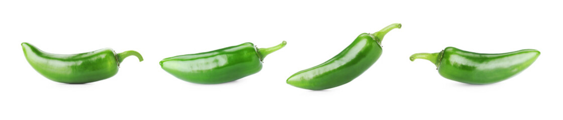 Fresh green jalapeno peppers isolated on white, set