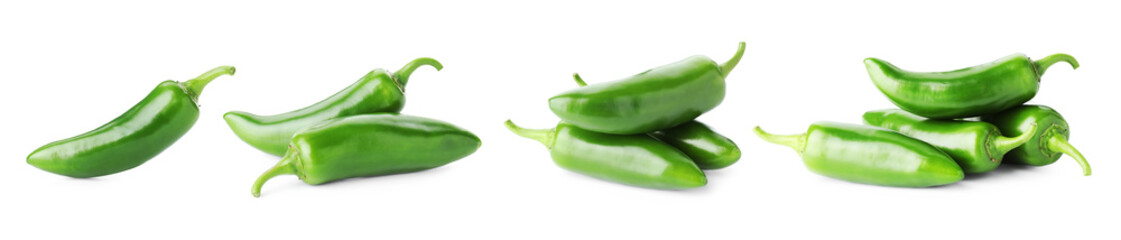 Fresh green jalapeno peppers isolated on white, set