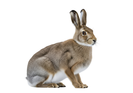 A captivating image of a hare, showcasing its detailed fur patterns and alert posture against a stark black background.