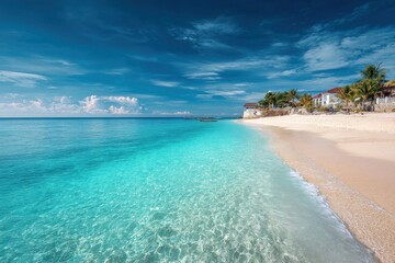 Crystal clear turquoise ocean water laps onto a white sand beach with palm trees and buildings