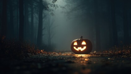 Glowing jack-o'-lantern in a misty, dark forest path