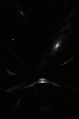 Spacecraft View Navigating the Cosmos Between Galaxies, Black, monochrome 