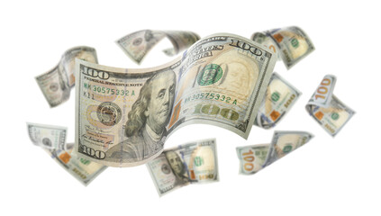 Money (dollar bills) flying against white background