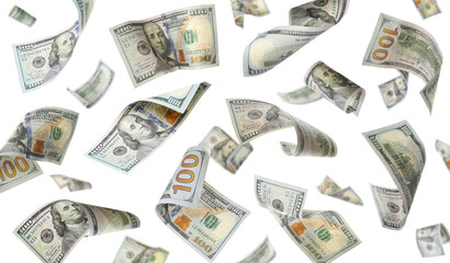 Money (dollar bills) flying against white background