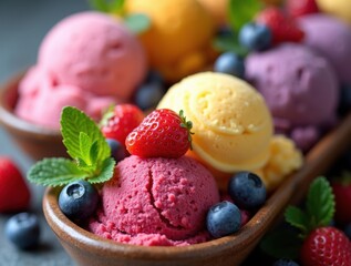 Delicious Assortment of Colorful Fruit Flavored Ice Cream Scoops