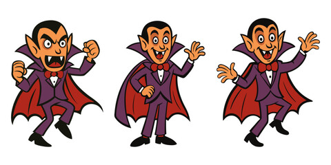 cute vampire character. Funny Dracula in different poses. Halloween vector illustration with fangs, cape and tuxedo. Spooky mascot design for holiday decoration and party