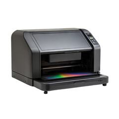 Dark gray, rectangular, flatbed printer/cutter.  A colorful sheet rests on the flatbed