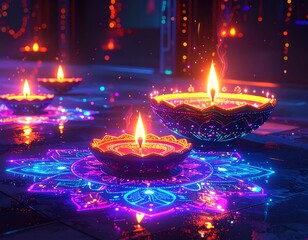 Futuristic Diwali digital art concept with neon diyas and holographic rangoli glowing in dark modern interior