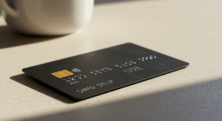 Black credit card resting on surface with mug in background  