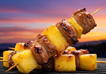 Grilled Pork Skewers with Pineapple on Studio Yellow Background 