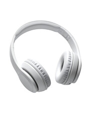 White over-ear headphones, sleek design, slightly angled, showcasing rounded earcups and a comfortable headband