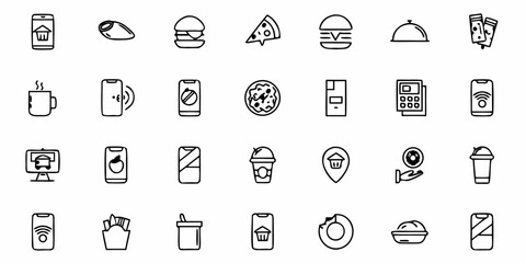 Modern food delivery icons set for apps and websites featuring burgers, pizza, coffee, and mobile ordering convenience