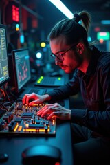 Man Working on Computer Circuits in Neon Lit Room