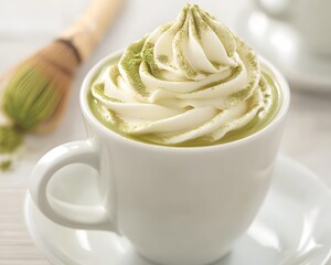 Delicious Matcha Latte with Whipped Cream and Matcha Powder