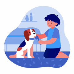 Child grooming dog while kneeling on floor indoors  