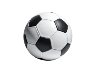 A classic black and white soccer ball, slightly deflated, sits against a pure black background