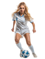 Female soccer player in white uniform dribbling a ball isolated on transparent background