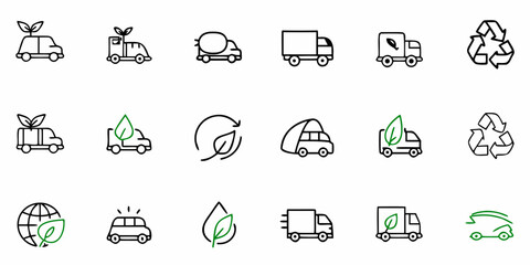 Eco-friendly transportation icons featuring green leaves, recycling symbols, and electric vehicles for sustainable logistics and green initiatives