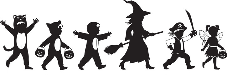 Children in halloween costumes trick-or-treating carrying candy bags and sweets