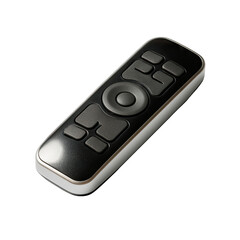 Black and white rectangular remote control with dark gray buttons and a central knob
