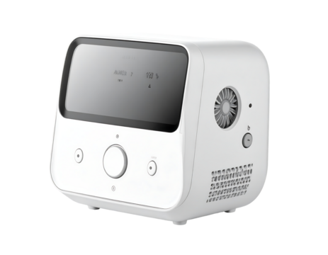 White, compact device with a small screen displaying numerical data, a central control knob, and vents suggesting air circulation