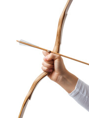 Closeup of archers hand holding traditional bow and arrow isolated isolated on transparent background