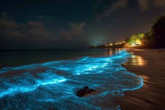 Bioluminescent waves glowing blue on a tropical beach at night