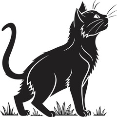 Majestic black cat silhouette standing alertly amidst grass detailed and striking